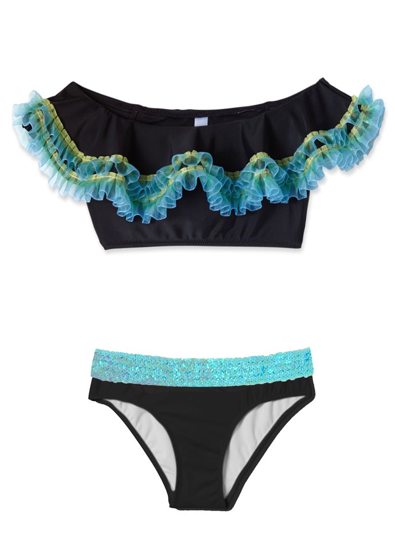 Girls Black Bikini Anemone Fringe & Aqua Sequin Belt - Blissfully Lavender BoutiqueStella Cove