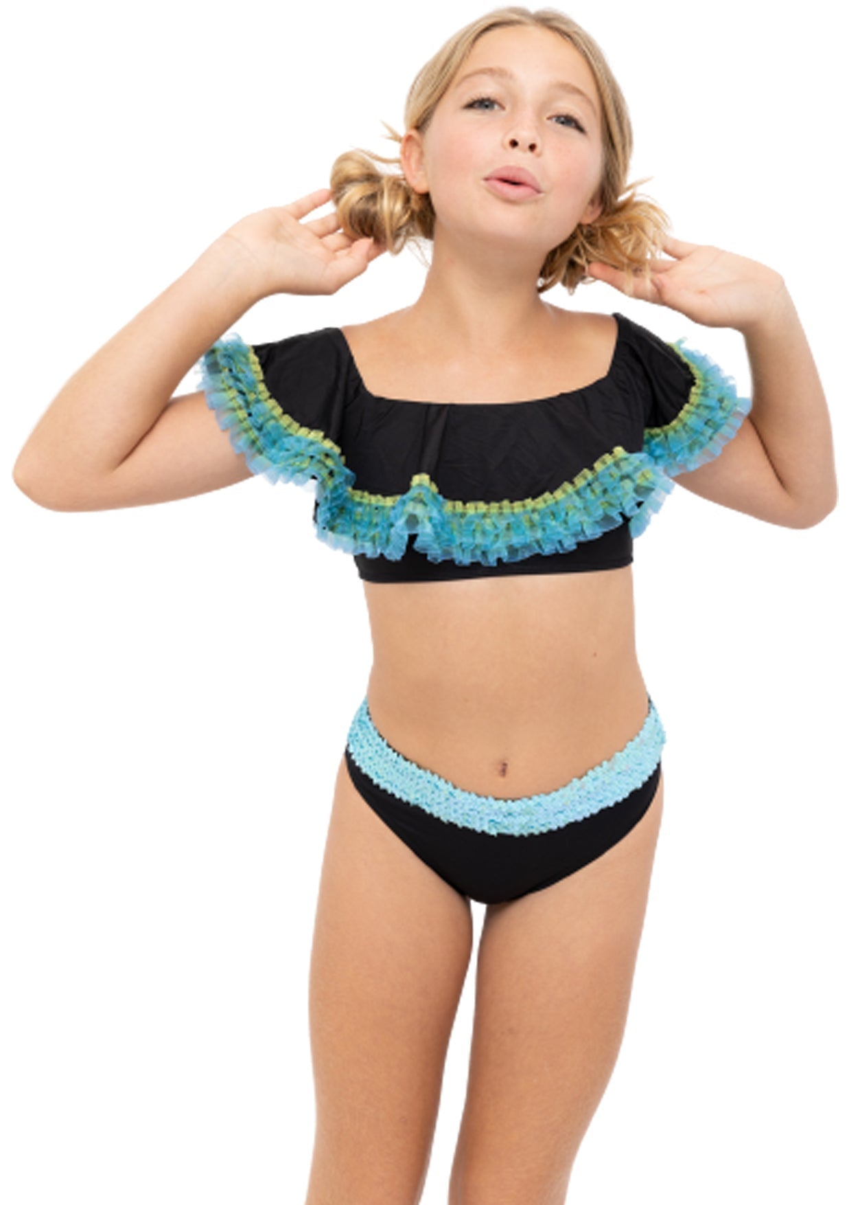 Girls Black Bikini Anemone Fringe & Aqua Sequin Belt - Blissfully Lavender BoutiqueStella Cove