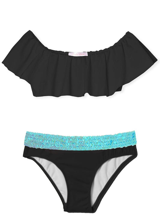 Girls Black Bikini with Aqua Sequin Belt - Blissfully Lavender BoutiqueStella Cove