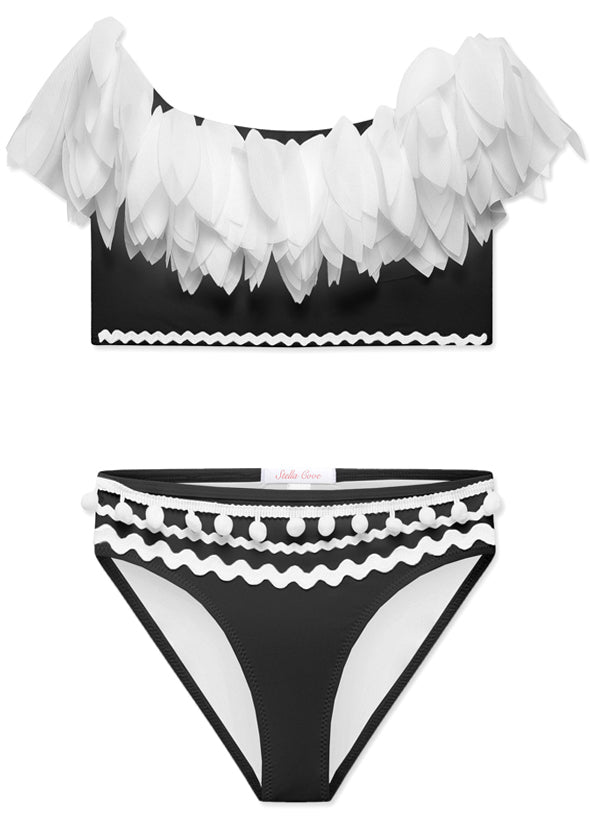 Girls Black Bikini with Petals & Ric Rac - Blissfully Lavender BoutiqueStella Cove