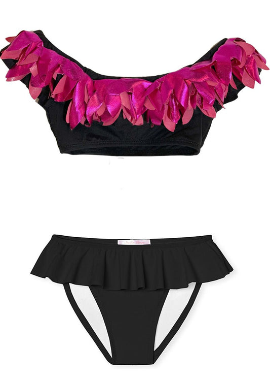 Girls Black Bikini with Pink Metallic Petals - Blissfully Lavender BoutiqueStella Cove