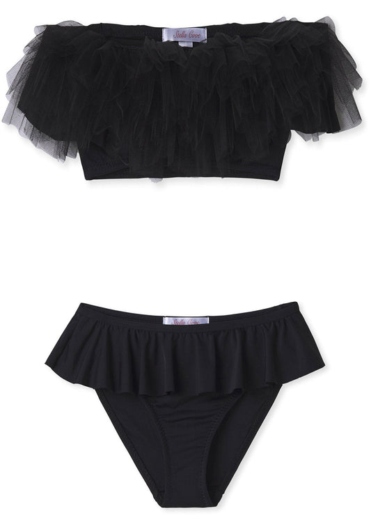 Girls Black Draped Bikini Set with Tulle - Blissfully Lavender BoutiqueStella Cove