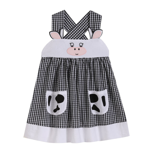 Girls Black Gingham Cute Cow Pocket Dress - Blissfully Lavender BoutiqueLil Cactus