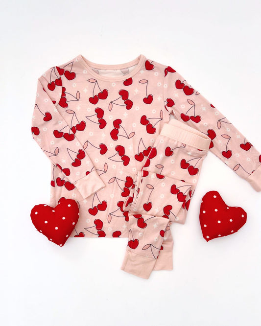 Girls Cherry Heart Bamboo Pajama Set - Blissfully Lavender BoutiqueLUCKY PANDA KIDS