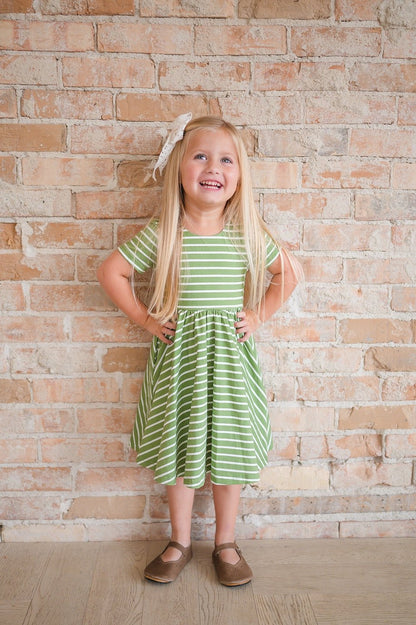 Girls Classic Twirl Dress in Asparagus Stripe - Blissfully Lavender BoutiqueOllie Jay