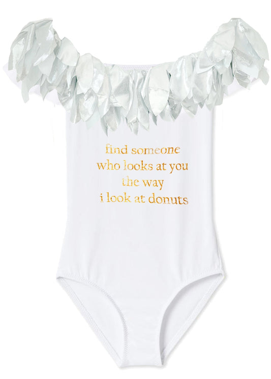 Girls "Find Someone" White Ruffle Swimsuit with Silver Petals - Blissfully Lavender BoutiqueStella Cove