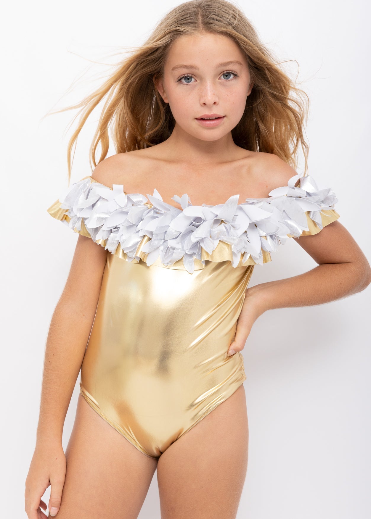 Girls Gold Swimsuit with Silver Petals - Blissfully Lavender BoutiqueStella Cove