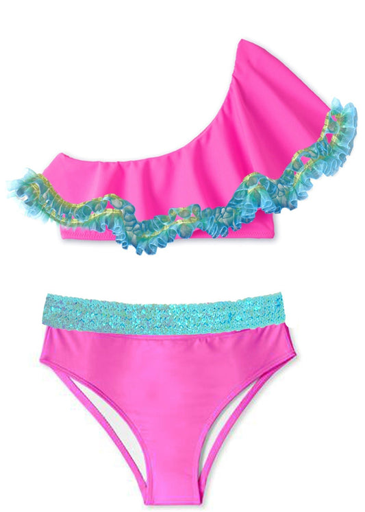 Girls Neon Pink One Shoulder Bikini with Anemone Fringe & Aqua Sequin Belt - Blissfully Lavender BoutiqueStella Cove