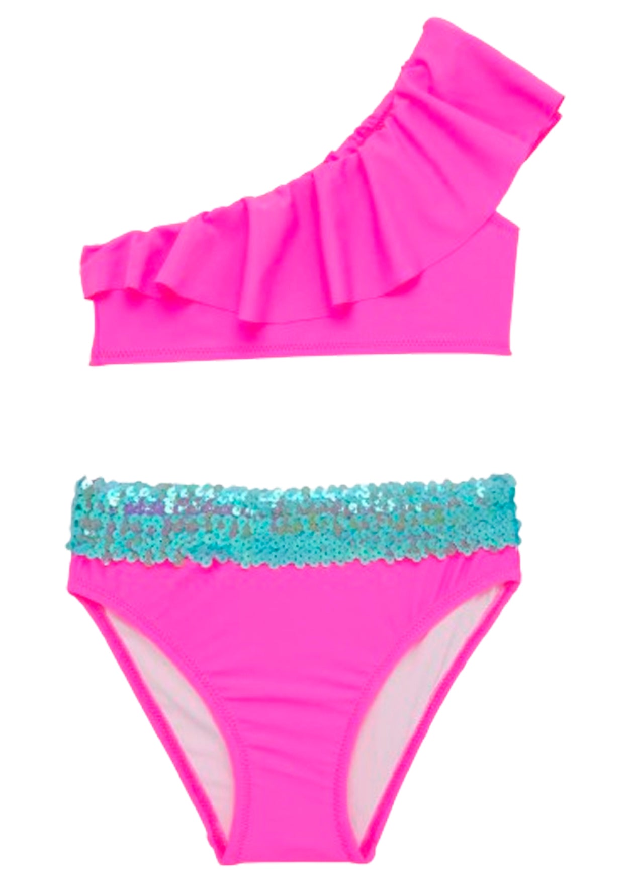 Girls Neon Pink One Shoulder Bikini with Aqua Sequin Belt - Blissfully Lavender BoutiqueStella Cove