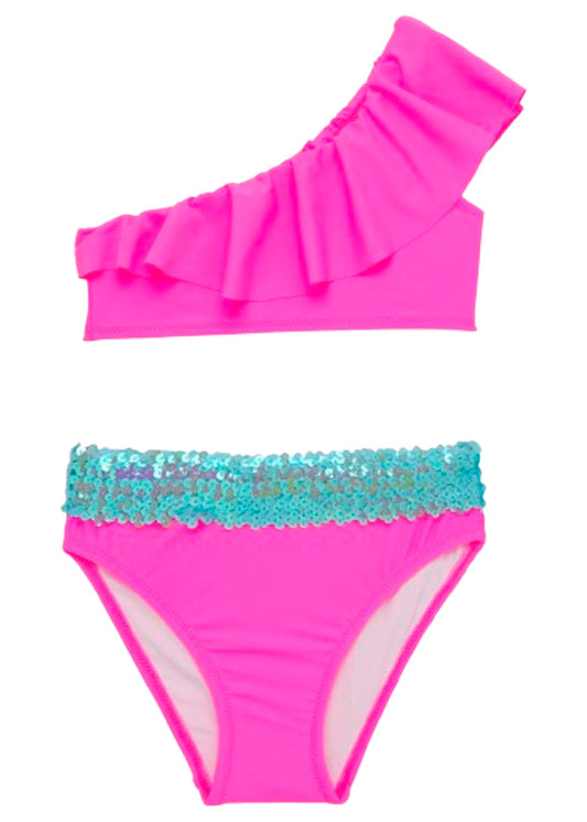 Girls Neon Pink One Shoulder Bikini with Aqua Sequin Belt - Blissfully Lavender BoutiqueStella Cove