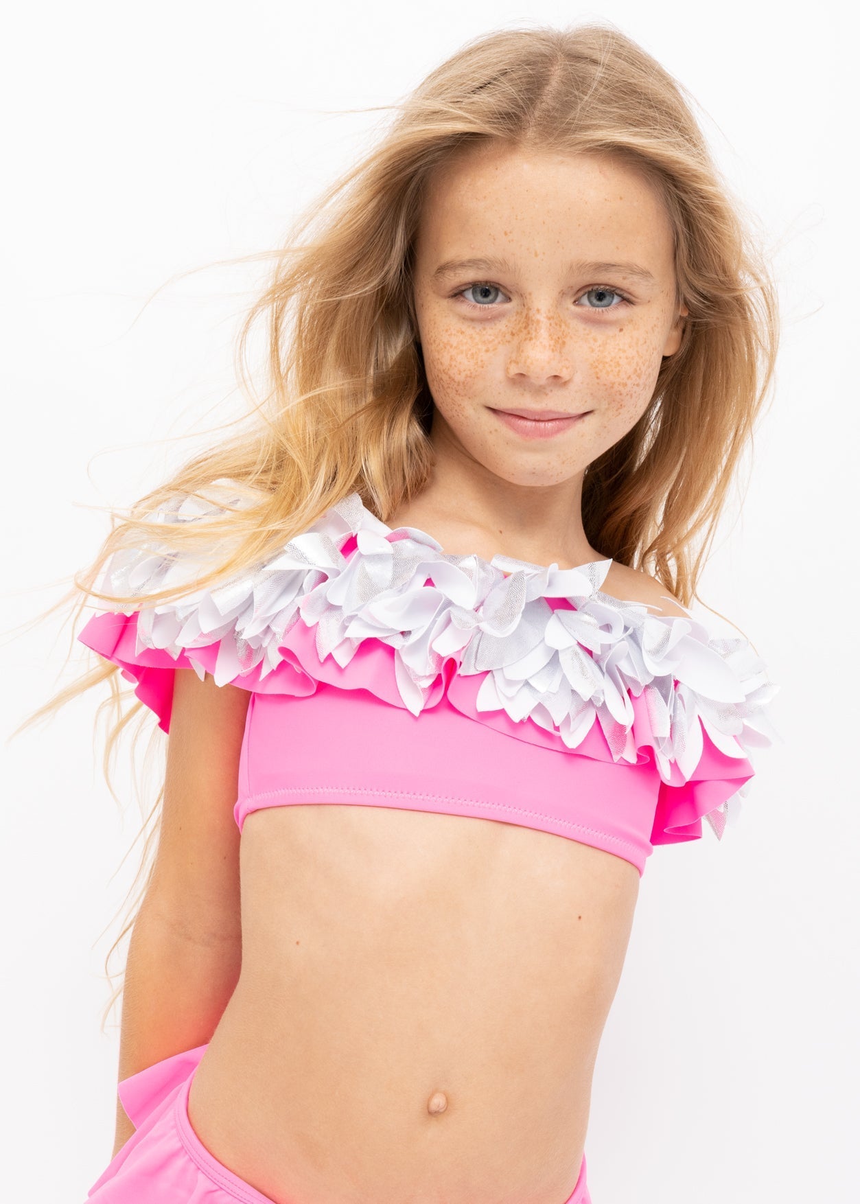 Girls Neon Pink Ruffle Bikini with Silver Petals - Blissfully Lavender BoutiqueStella Cove