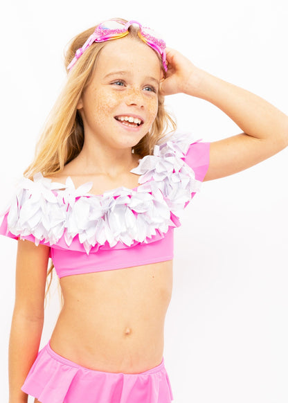 Girls Neon Pink Ruffle Bikini with Silver Petals - Blissfully Lavender BoutiqueStella Cove