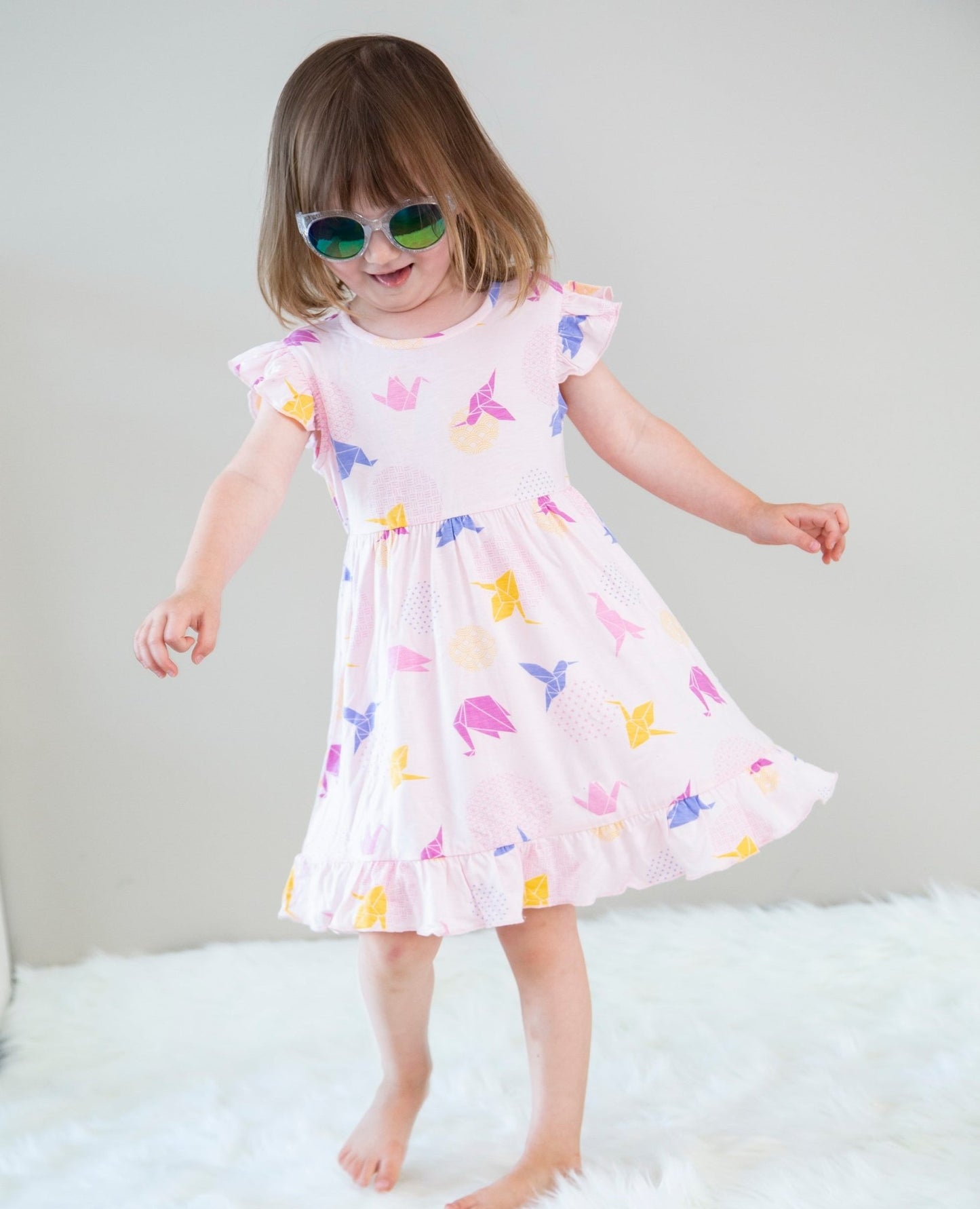 Girls Origami Print Bamboo Ruffle Dress w/Bloomer - Blissfully Lavender Boutiquehttps://silkberrybaby.com/