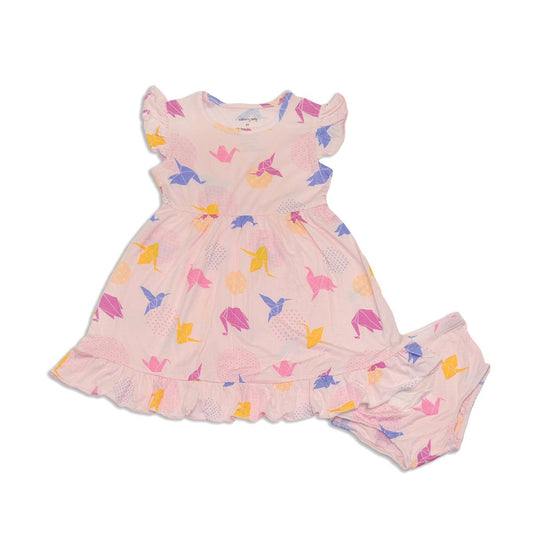 Girls Origami Print Bamboo Ruffle Dress w/Bloomer - Blissfully Lavender Boutiquehttps://silkberrybaby.com/