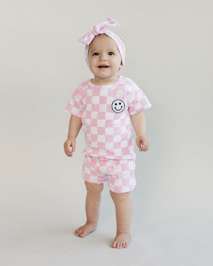 Girls Pink Checkered Shorts Set - Blissfully Lavender BoutiqueLUCKY PANDA KIDS