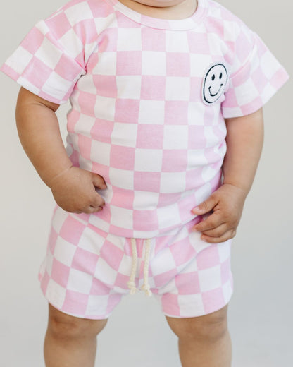 Girls Pink Checkered Shorts Set - Blissfully Lavender BoutiqueLUCKY PANDA KIDS