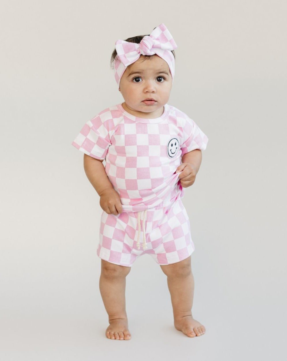 Girls Pink Checkered Shorts Set - Blissfully Lavender BoutiqueLUCKY PANDA KIDS