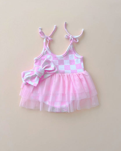 Girls Pink Checkered Tutu Romper - Blissfully Lavender BoutiqueLUCKY PANDA KIDS