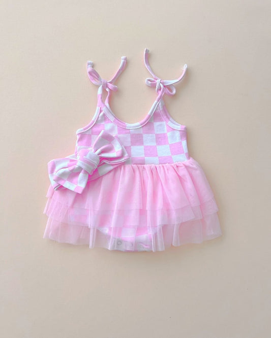 Girls Pink Checkered Tutu Romper - Blissfully Lavender BoutiqueLUCKY PANDA KIDS