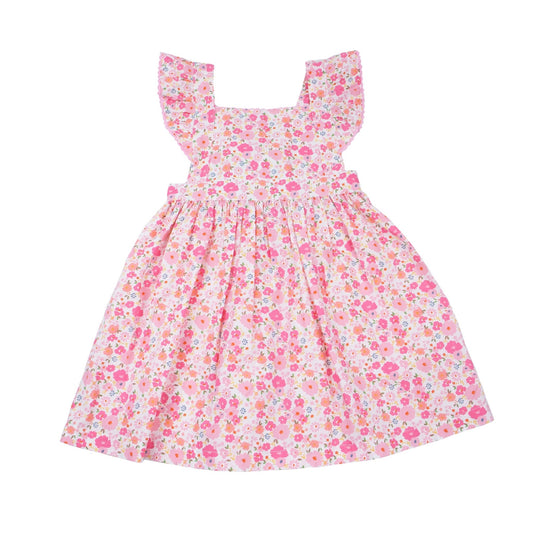 Girls Pink Floral Nena Flutter Sleeve Pinafore Dress - Blissfully Lavender BoutiqueCuclie