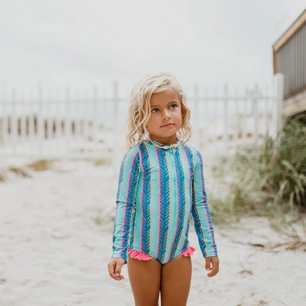 Girls Teal Strip Zip Rash Guard Swimsuit - Blissfully Lavender BoutiqueOopsie Daisy