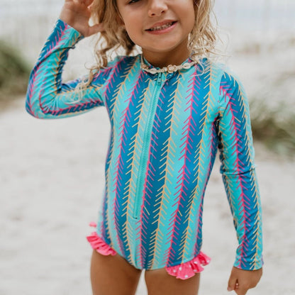 Girls Teal Strip Zip Rash Guard Swimsuit - Blissfully Lavender BoutiqueOopsie Daisy