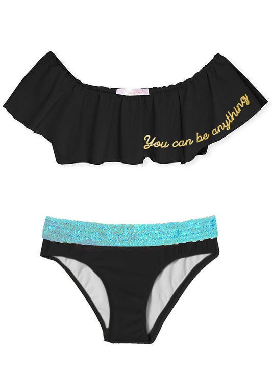 Girls "You Can Be Anything" Black Bikini with Aqua Sequin Belt - Blissfully Lavender BoutiqueStella Cove