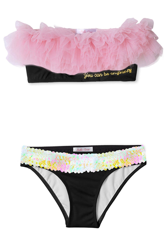 Girls "You Can Be Anything" Black Bikini with Pink Tulle & Sequin Belt - Blissfully Lavender BoutiqueStella Cove