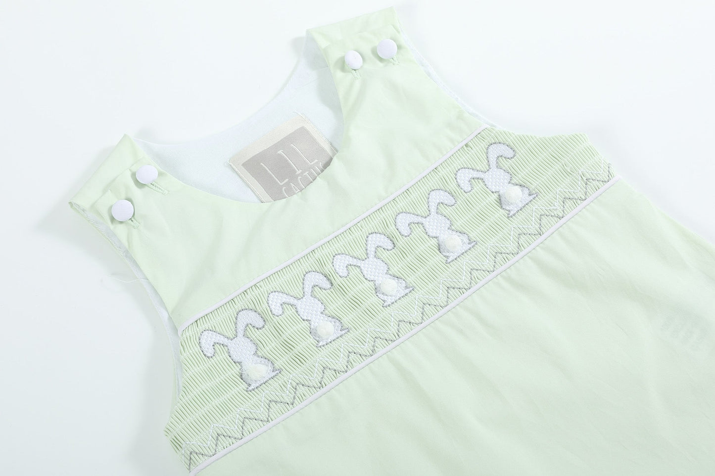 Baby Boy Honeydew Green Bunny Smocked Shortalls