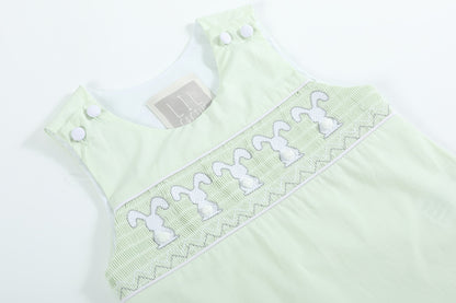 Baby Boy Honeydew Green Bunny Smocked Shortalls