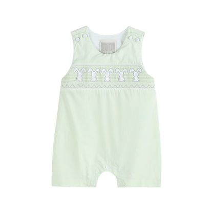 Baby Boy Honeydew Green Bunny Smocked Shortalls