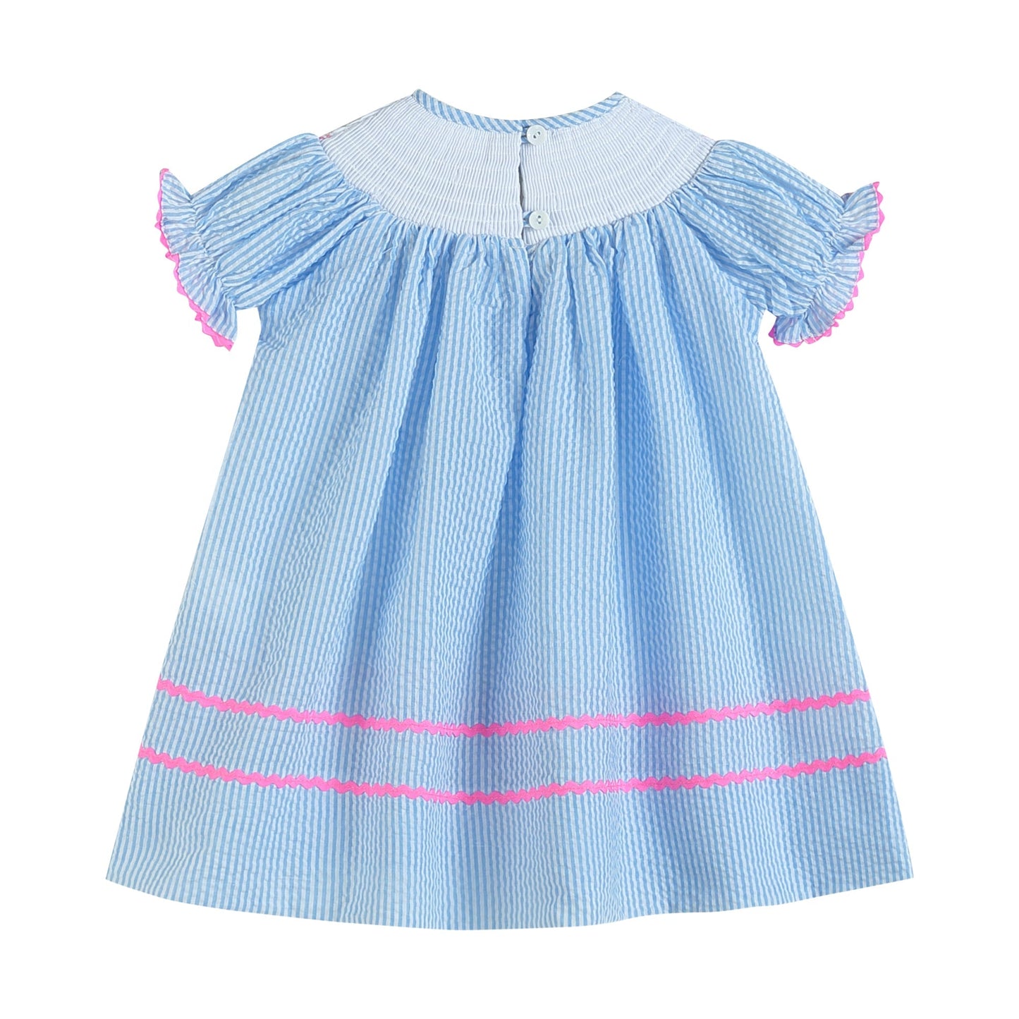 Light Blue Seersucker Bunny Smocked Bishop Dress