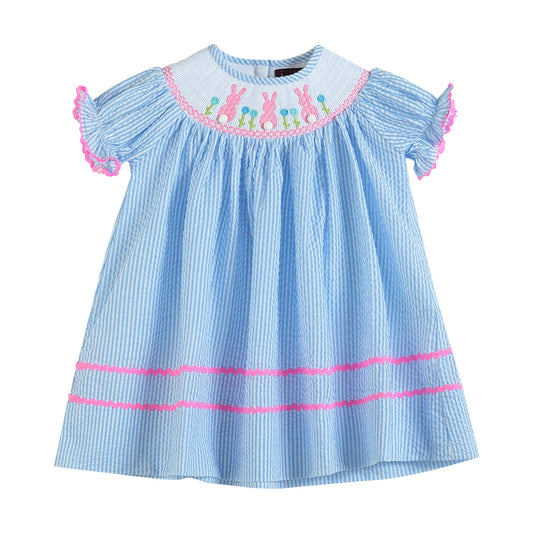 Light Blue Seersucker Bunny Smocked Bishop Dress