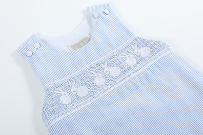 Baby Boy Light Blue Seersucker Bunny Smocked Shortalls