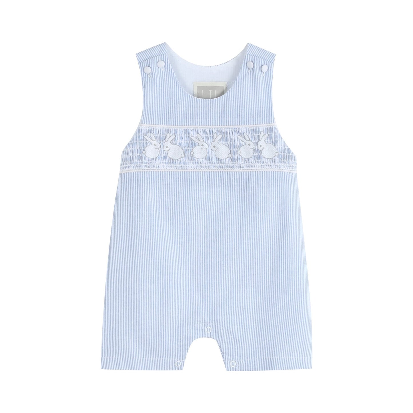 Baby Boy Light Blue Seersucker Bunny Smocked Shortalls