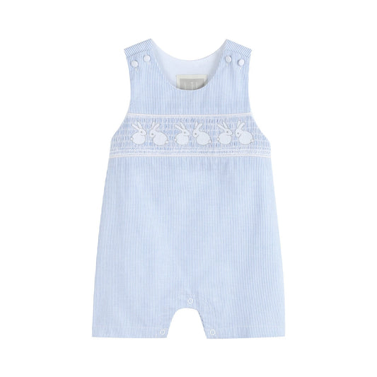 Baby Boy Light Blue Seersucker Bunny Smocked Shortalls