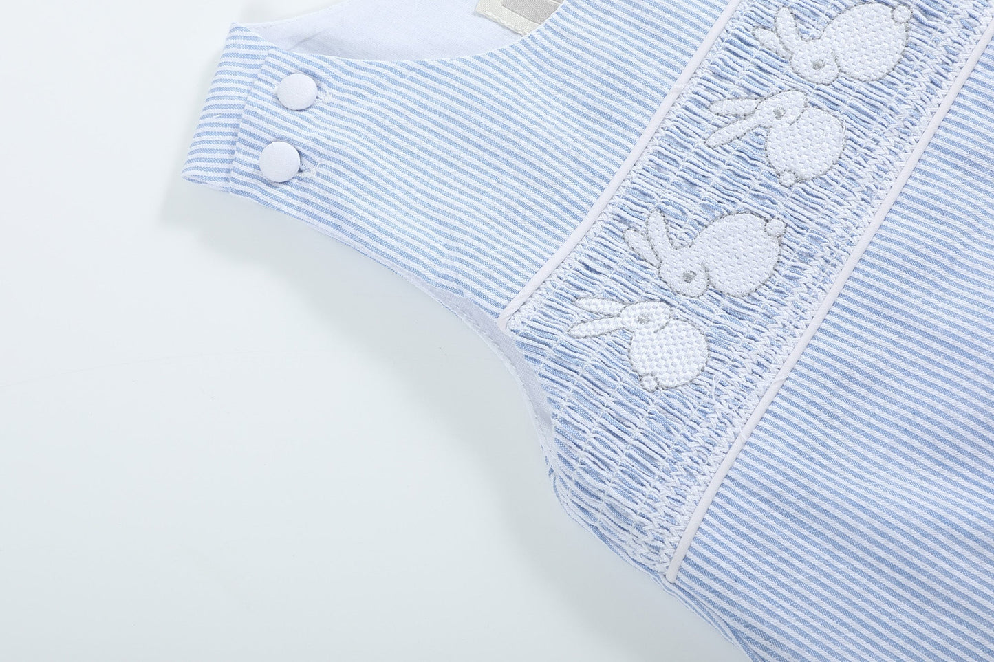 Baby Boy Light Blue Seersucker Bunny Smocked Shortalls