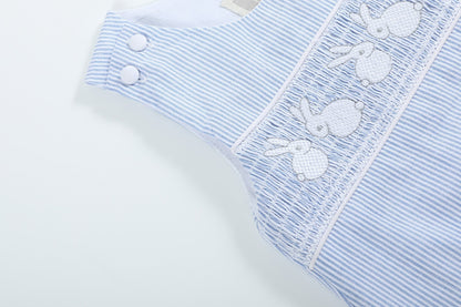 Baby Boy Light Blue Seersucker Bunny Smocked Shortalls