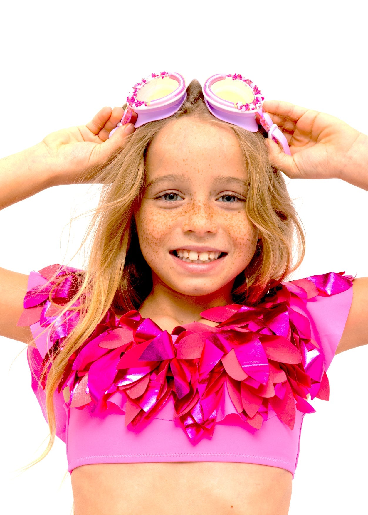 Girl Neon Pink Ruffle Bikini Set with Pink Metallic Petals