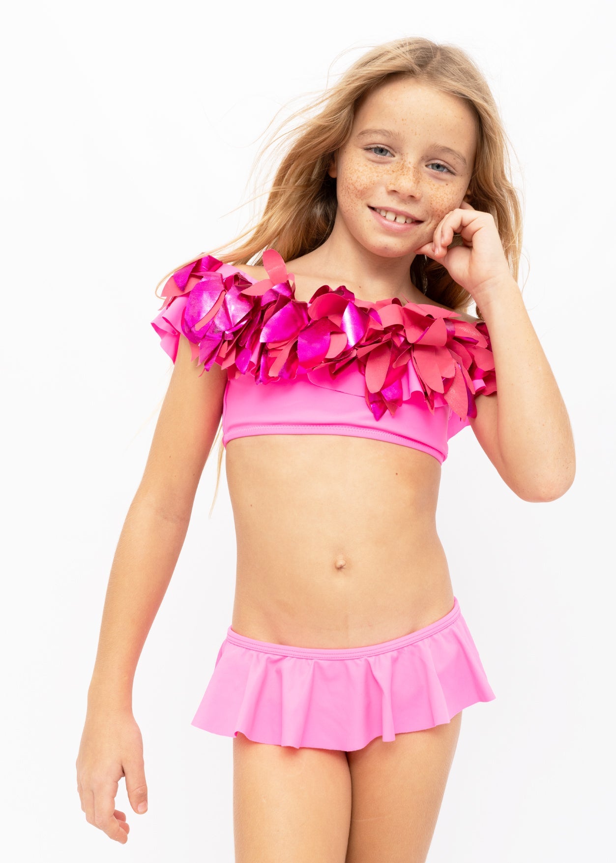 Girl Neon Pink Ruffle Bikini Set with Pink Metallic Petals