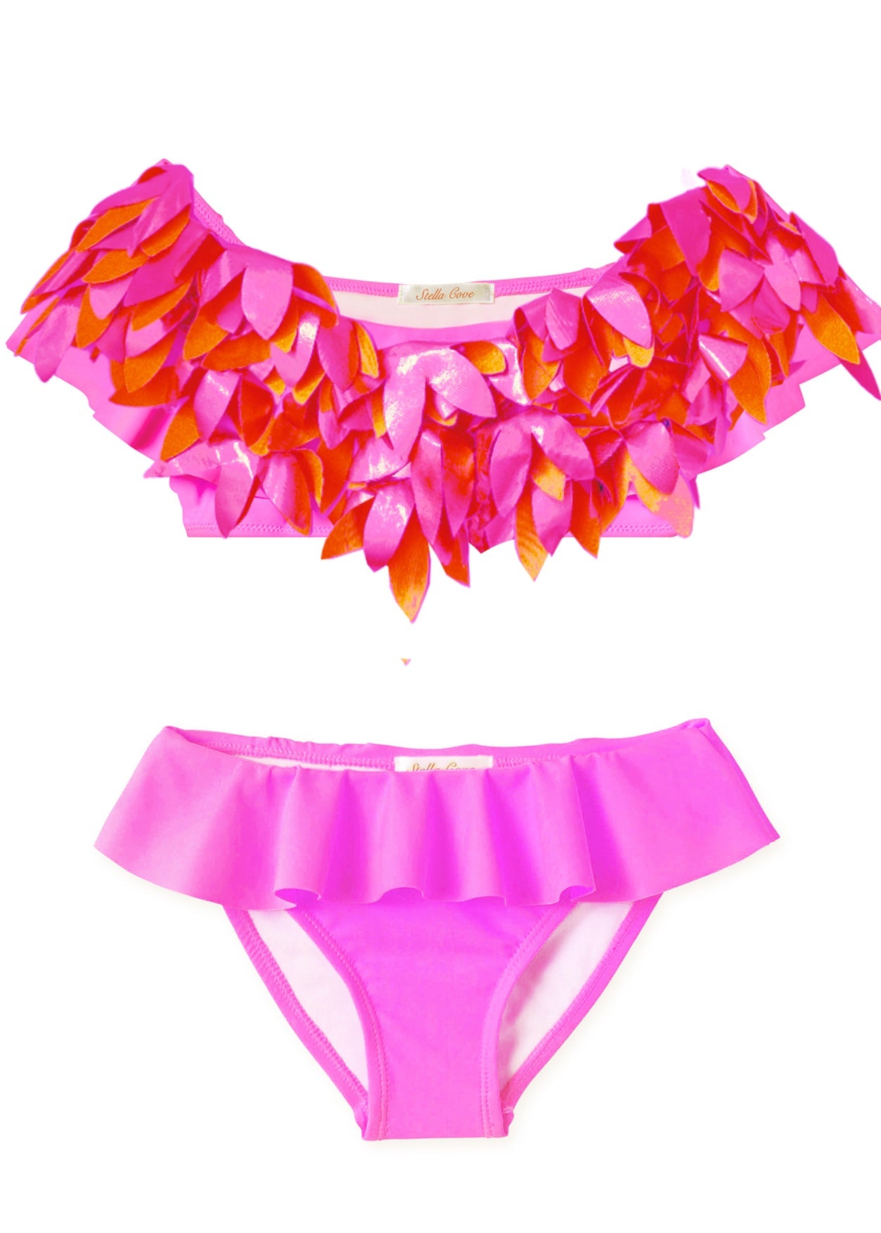 Girl Neon Pink Ruffle Bikini Set with Pink Metallic Petals