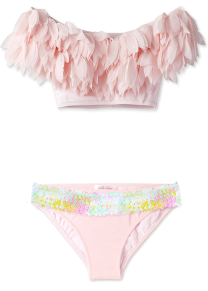 Girls Pink Petal Bikini Set with Sequin Belt