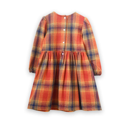 Girls Long Sleeve Plaid Orange Flannel Dress