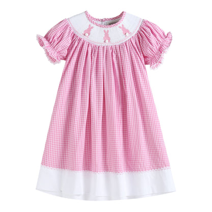 Girls Pink Gingham Easter Bunny Smocked Bishop Dress