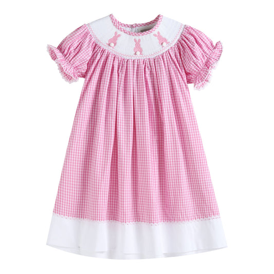 Girls Pink Gingham Easter Bunny Smocked Bishop Dress