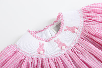 Girls Pink Gingham Easter Bunny Smocked Bishop Dress