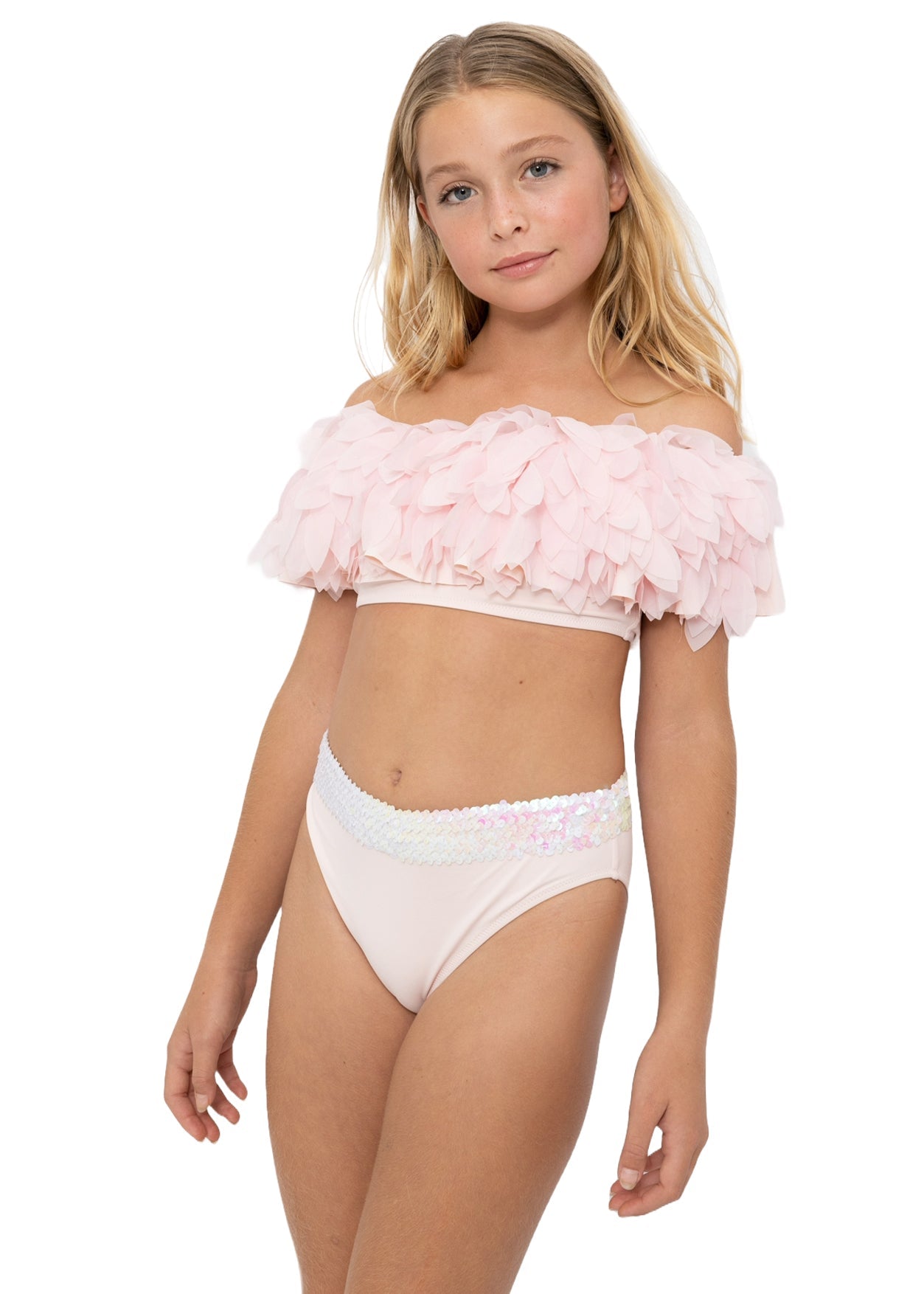 Girls Pink Petal Bikini Set with Sequin Belt