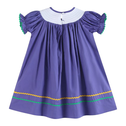 Girls Purple Mardi Gras Smocked Bishop Dress