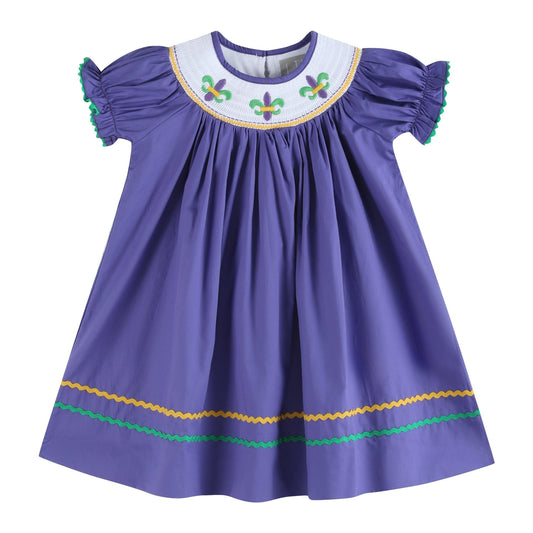 Girls Purple Mardi Gras Smocked Bishop Dress