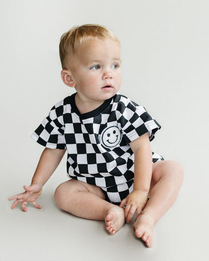 Short Sleeve Bubble Romper | Checkered Smiley Black